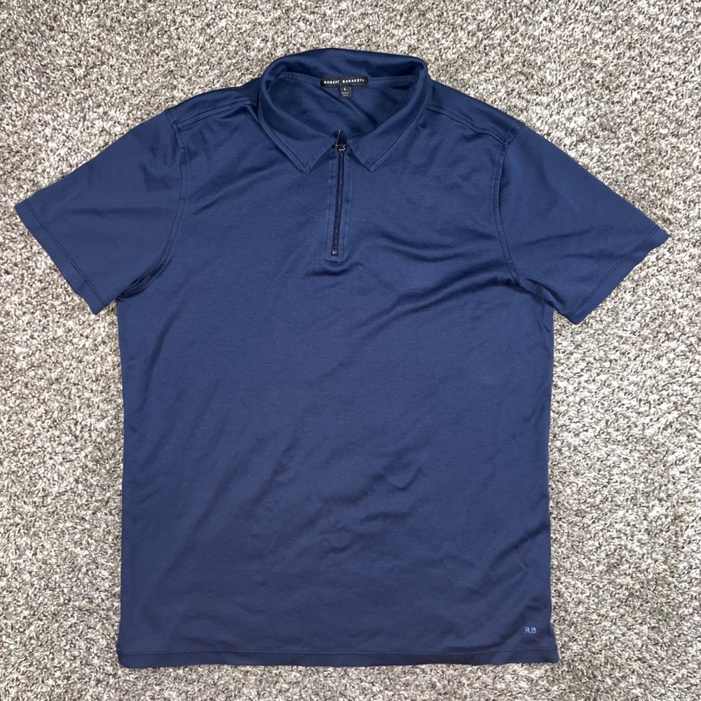 Robert Barakett Mens Large Navy Blue Pima Cotton Quarter Zip Short‎ Sleeve Polo
